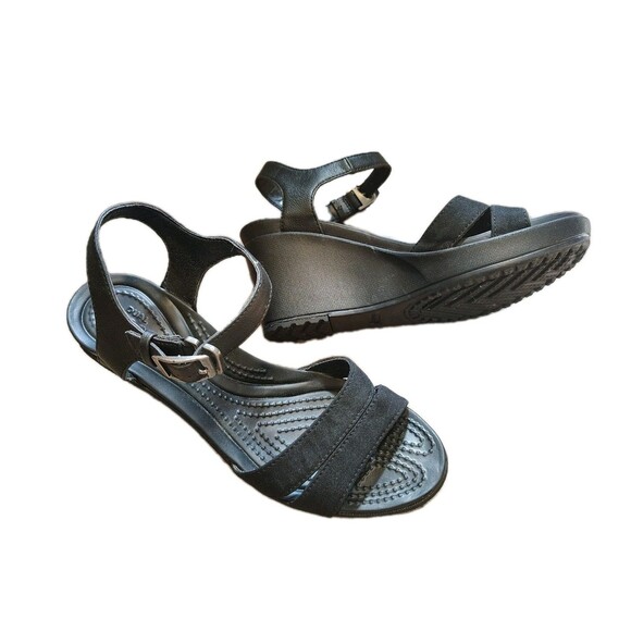 Crocs Leigh II Sizes 6 Ankle Strappy Wedge Sandals Comfortable Black - Picture 2 of 9